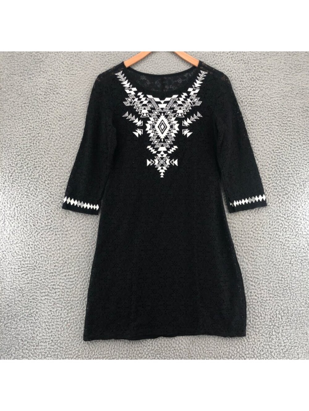 Express Dress Womens Small Black Mini Bodycon Lace 3/4 Sleeves Knit Liner Tribal